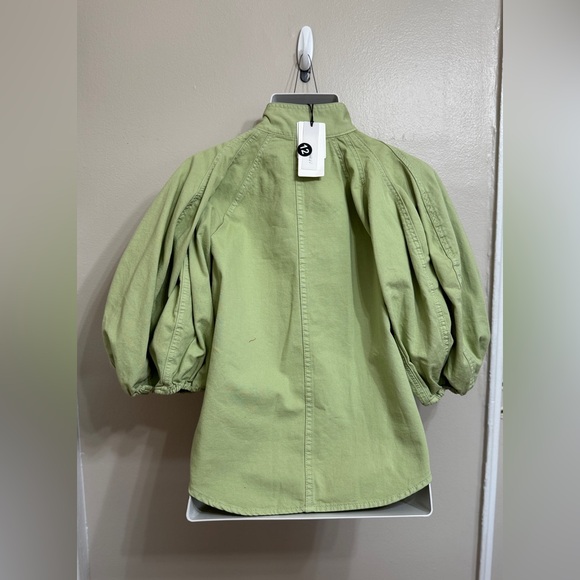 NWT - A Loves A - Denim Neck Tie 3/4 Puffed Sleeve Pleated Shoulder Top - Green - Picture 4 of 7